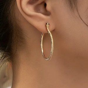Gold Serpent Snake Blue Rhinestone Eyes Hoop Earrings NEW